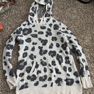 LOFT Gray and Black Leopard Print Hooded Sweater